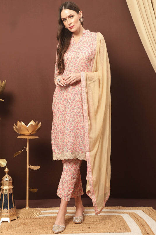 Beige Cotton Printed Casual Salwar Suit