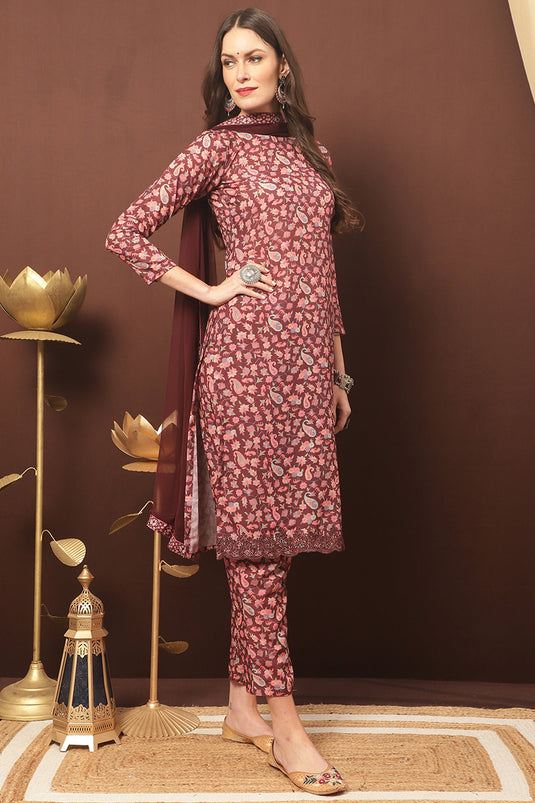 Maroon Cotton Printed Daily Wear Suit