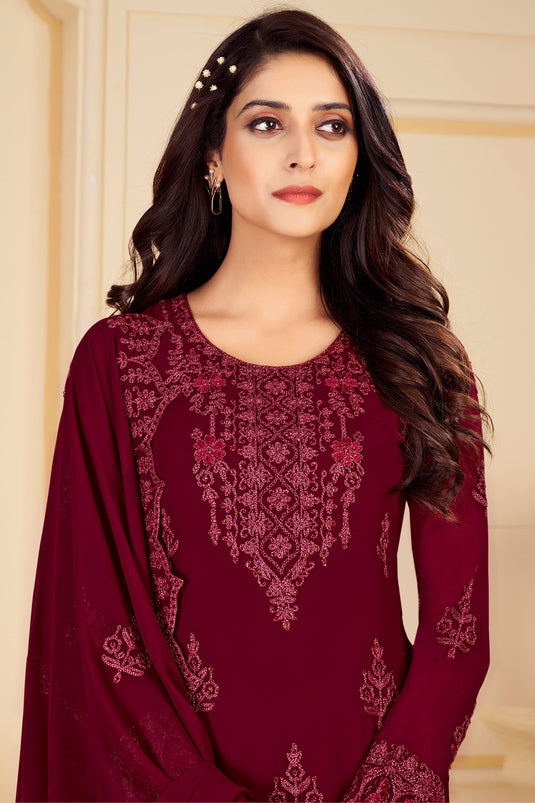 Maroon Georgette Embroidery Function Wear Salwar Suit