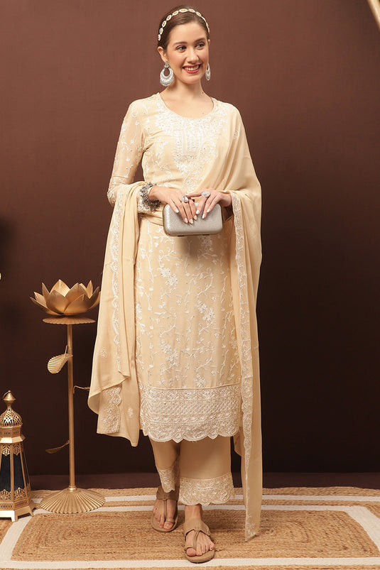 Beige Chinon Embroidered Function Wear Salwar Kameez