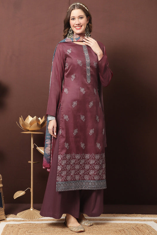 Maroon Art Silk Embroidered Festive Wear Palazzo Salwar Kameez