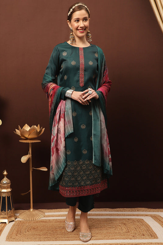 Teal Art Silk Embroidered Festive Wear Dress