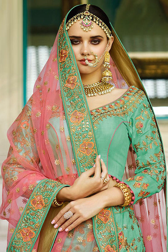 Sea Green Color Khadi Silk Fabric Heavy Embroidered Designer Bridal Lehenga Choli