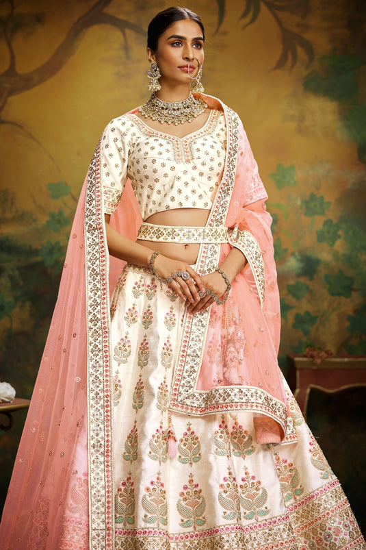 Embroidery Work On Off White Designer 3 Piece Lehenga Choli In Silk Fabric