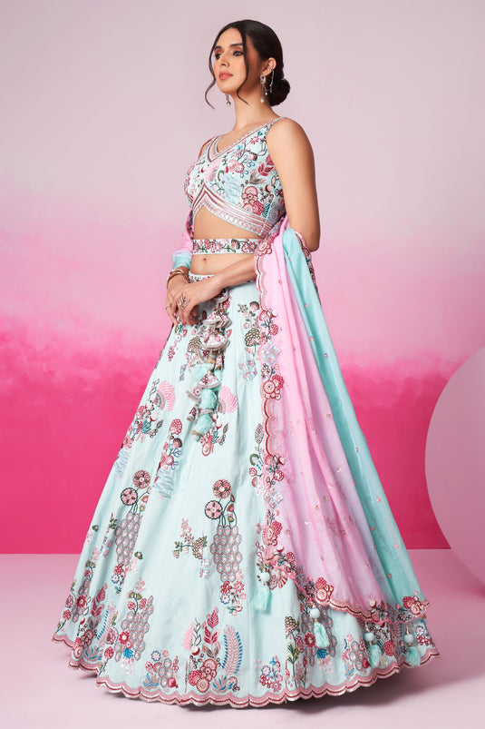 Occasion Wear Blue Sequins Work Lehenga In Silk Fabric With Designer Blouse