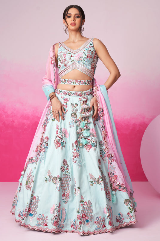 Occasion Wear Blue Sequins Work Lehenga In Silk Fabric With Designer Blouse