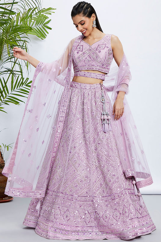 Lavender Net Reception Wear 3 Piece Lehenga With Sequins Work And Embellished Blouse