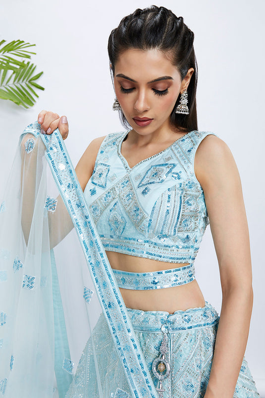 Turquoise Blue Net Fabric Occasion Wear Chaniya Choli With Sequins Work And Blouse