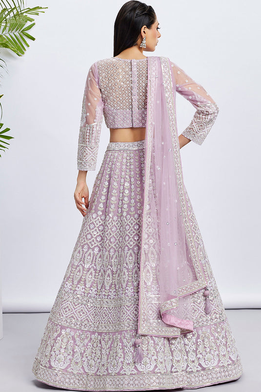 Occasion Wear Sequins Work Lehenga Choli In Lavender Net Fabric