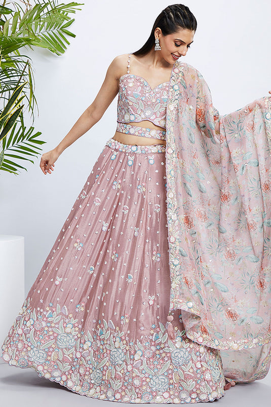 Sequins Work On Rose Gold Chiiffon Silk Designer Lehenga With Mesmerizing Blouse