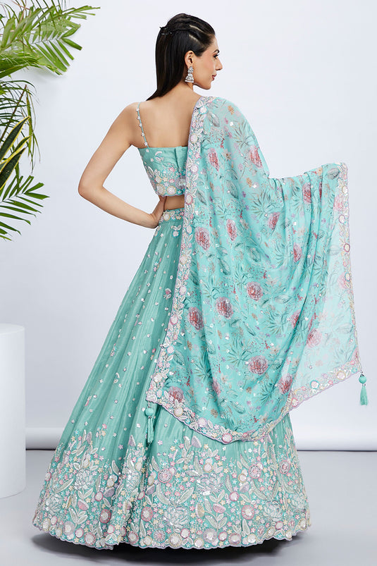 Chiiffon Silk Sea Green Fucntion Wear Lehenga With Sequins Work And Artistic Blouse