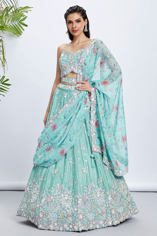 Chiiffon Silk Sea Green Fucntion Wear Lehenga With Sequins Work And Artistic Blouse