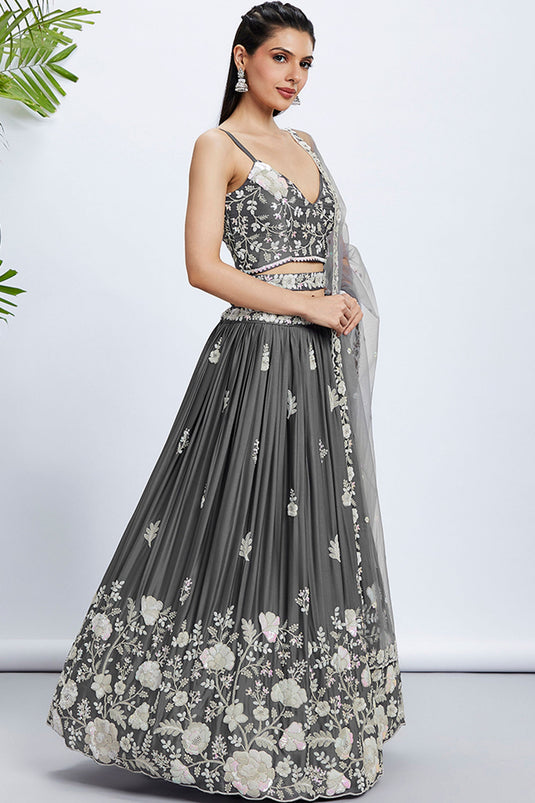 Grey Sequins Work On Georgette Sangeet Wear Lehenga With Beautiful Blouse