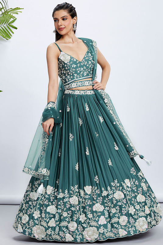 Sequins Work On Turquoise Blue Lehenga In Georgette Fabric With Mesmeric Blouse