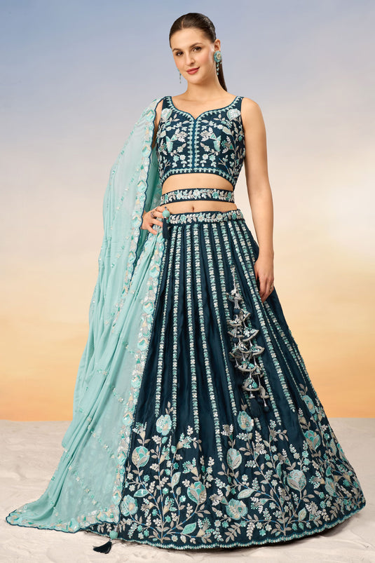 Teal Satin Fabric Sequins Work Lehenga With Blouse
