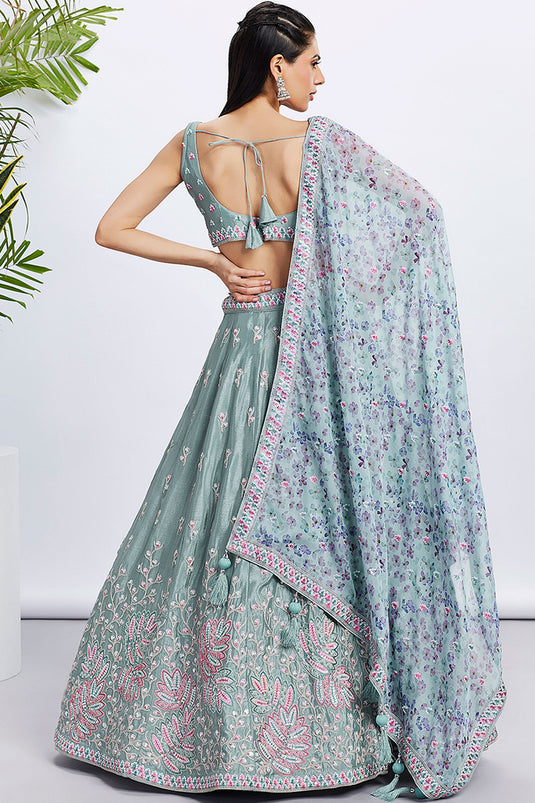 Lime Green Chiffon Lehenga With Sequins Work And Enchanting Blouse