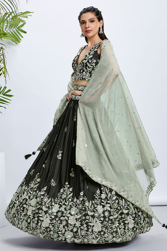 Olive Silk Fabric Sequins Work Lehenga With Blouse
