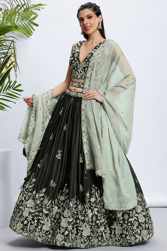 Olive Silk Fabric Sequins Work Lehenga With Blouse