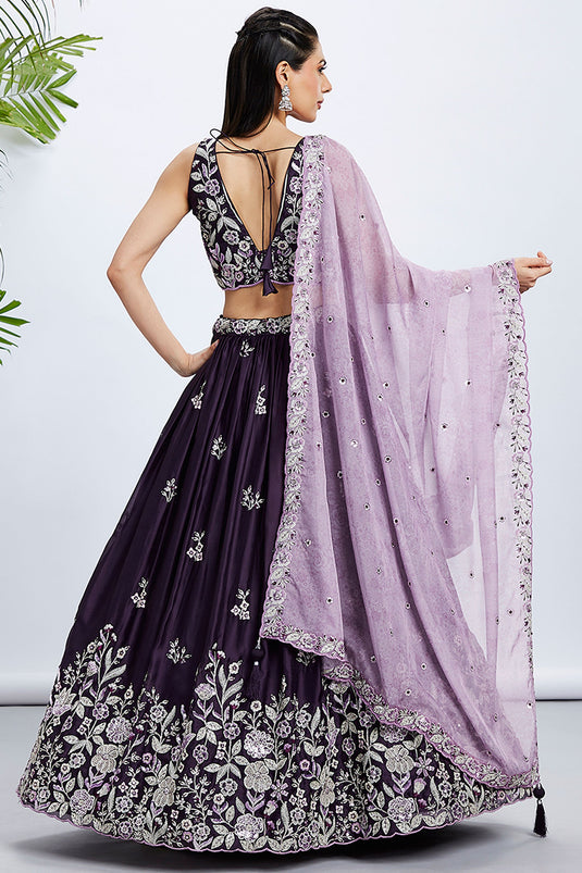 Sequins Work On Purple Silk Lehenga With Artistic Blouse