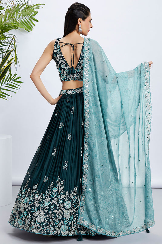 Sequins Work Silk Teal Lehenga With Mesmetic Blouse