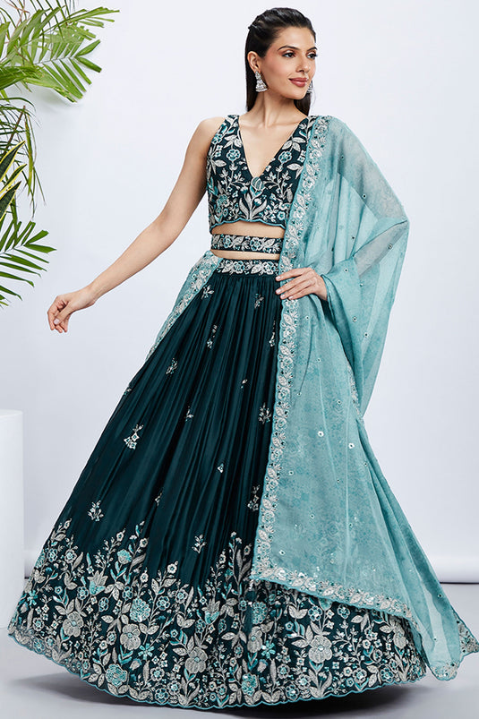 Sequins Work Silk Teal Lehenga With Mesmetic Blouse