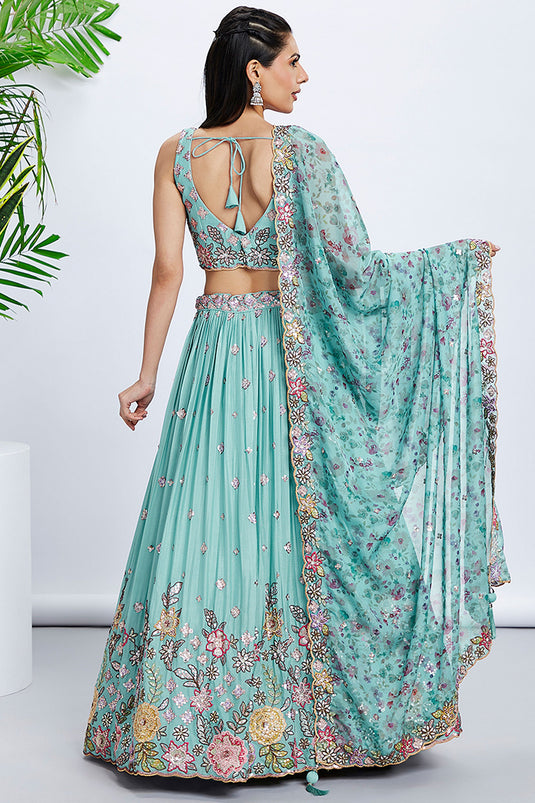 Sequins Work On Turquoise Blue Chiffon Silk 3 Piece Lehenga With Beautiful Blouse