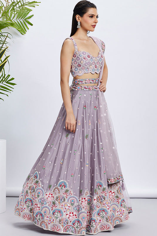 Chiffon Purple Sequins Work 3 Piece Lehenga With Enthralling Blouse