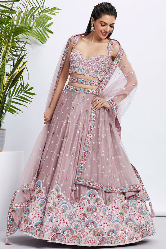 Sequins Work Rose Gold Designer Lehengas In Chiffon Fabric With Beautiful Blouse