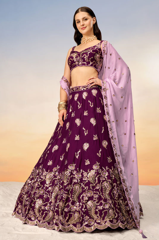 Sequins Work On Wine Georgette Lehenga With Artistic Blouse