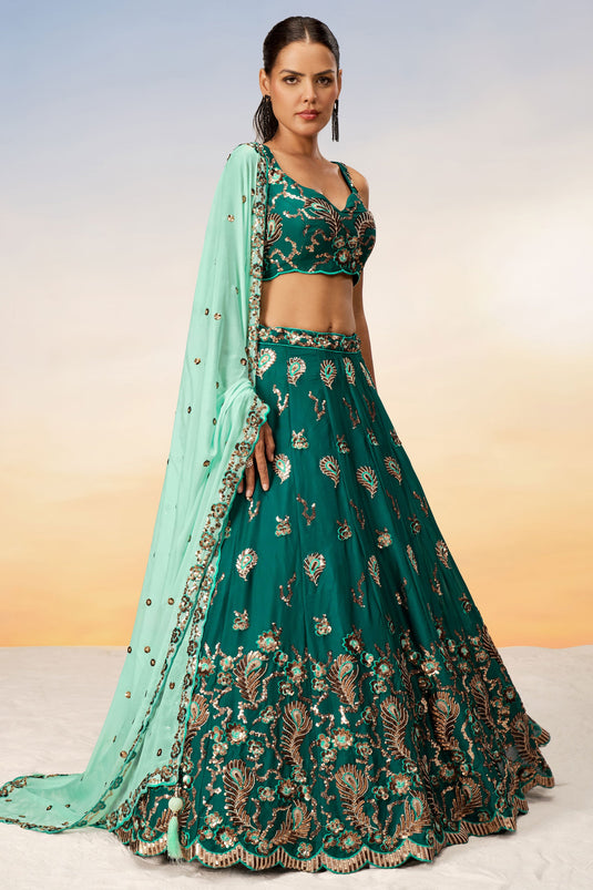 Sequins Work Georgette Green Lehenga With Mesmetic Blouse
