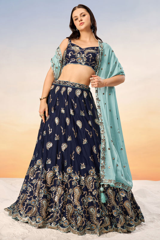 Navy Blue Sequins Work Georgette Lehenga With Riveting Blouse