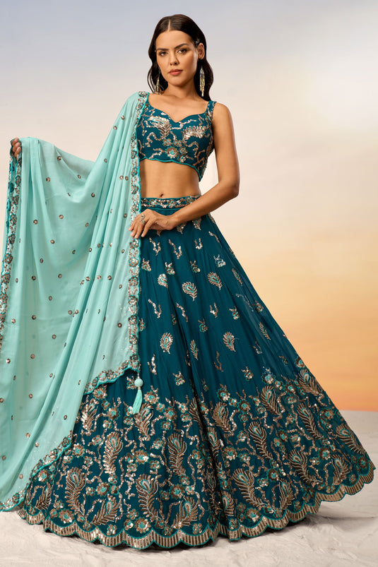 Sequins Work On Teal Georgette 3 Piece Lehenga With Beautiful Blouse