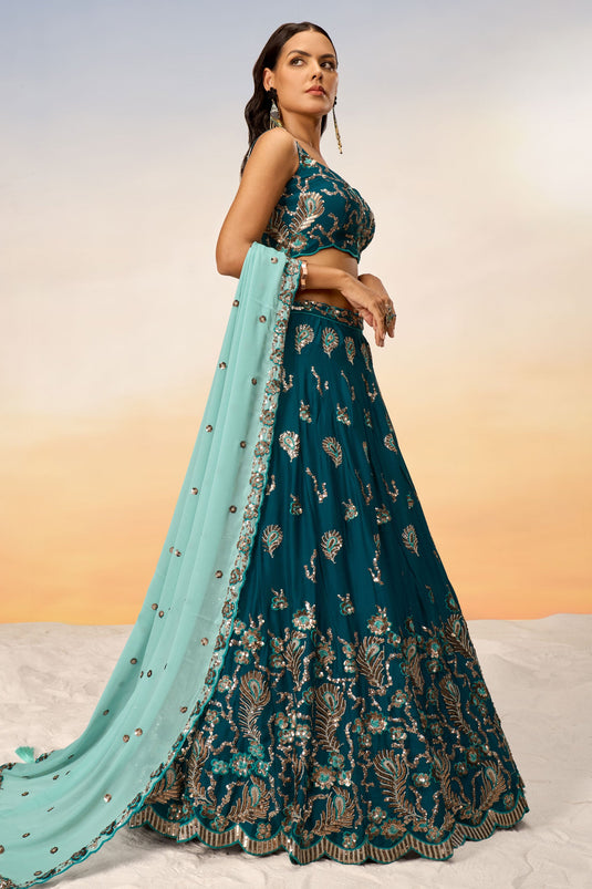 Sequins Work On Teal Georgette 3 Piece Lehenga With Beautiful Blouse