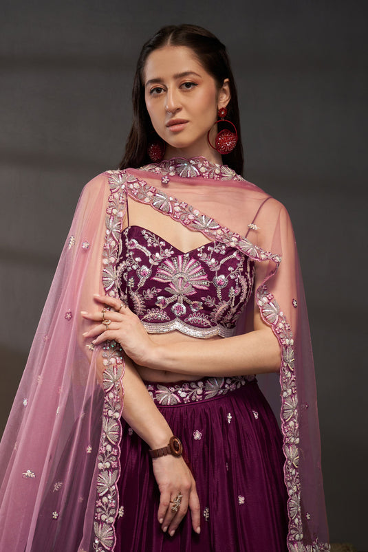 Burgundy Chiffon Fabric Occasion Wear Lehenga Choli With Sequins Work