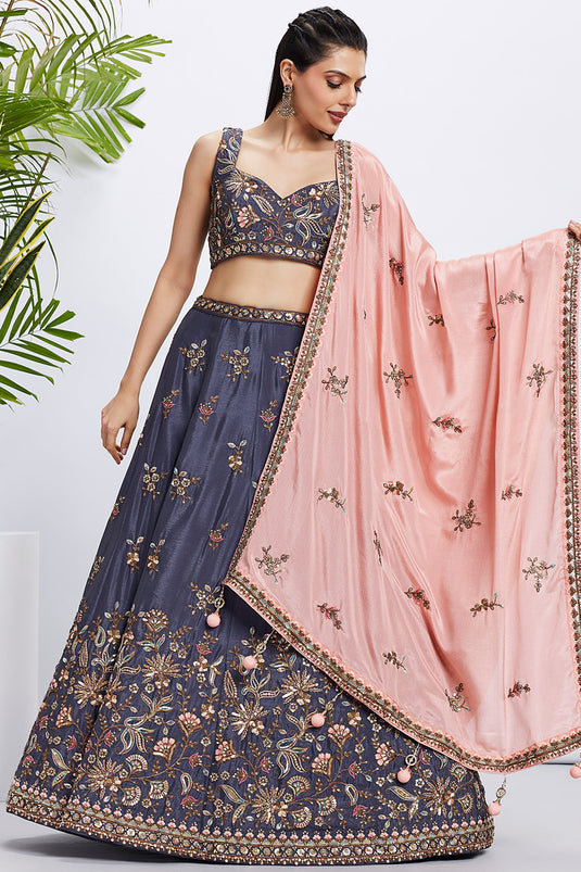 Chiffon Fabric Wedding Wear Lehenga Choli In Violet With Sequins Work