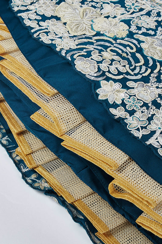 Sequins Work Designs On Georgette Fabric Teal Weding Wear Lehenga Choli