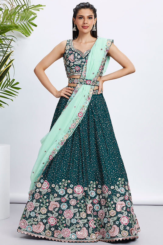 Excellent Chiffon Fabric Green Color Lehenga Choli With Sequins Work