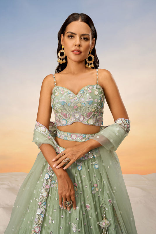 Sequins Work On Chiffon Sea Green Lehenga With Fascinating Blouse