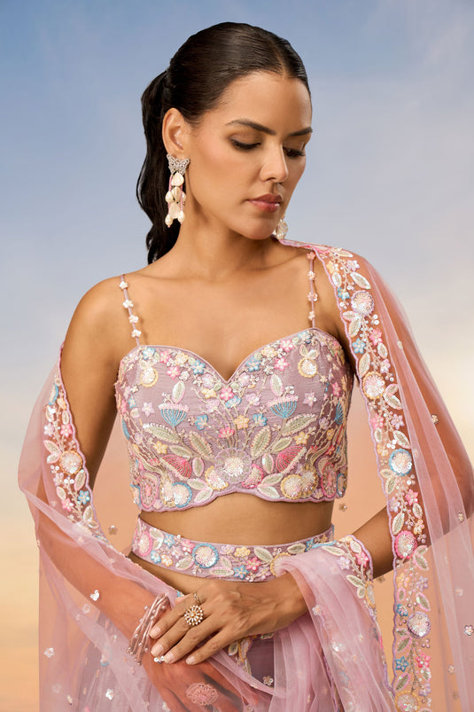 Sequins Work Pink Designer Lehengas In Chiffon Fabric With Beautiful Blouse