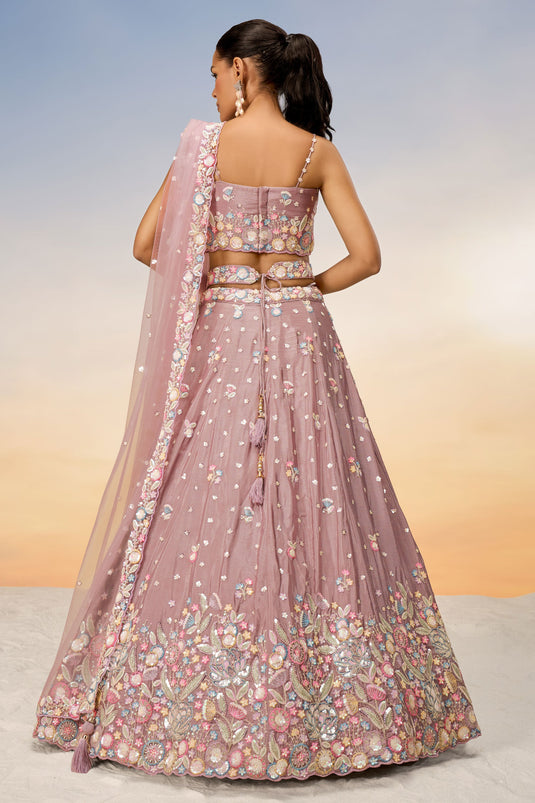 Sequins Work Pink Designer Lehengas In Chiffon Fabric With Beautiful Blouse