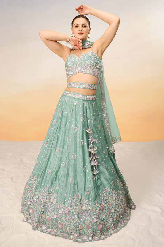 Sea Green Chiffon Sangeet Wear Lehenga With Sequins Work And Alluring Blouse