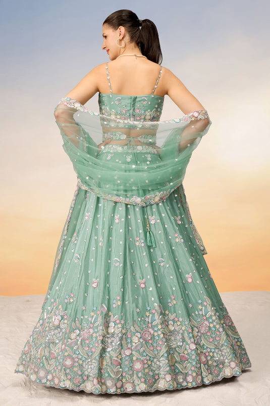 Sea Green Chiffon Sangeet Wear Lehenga With Sequins Work And Alluring Blouse