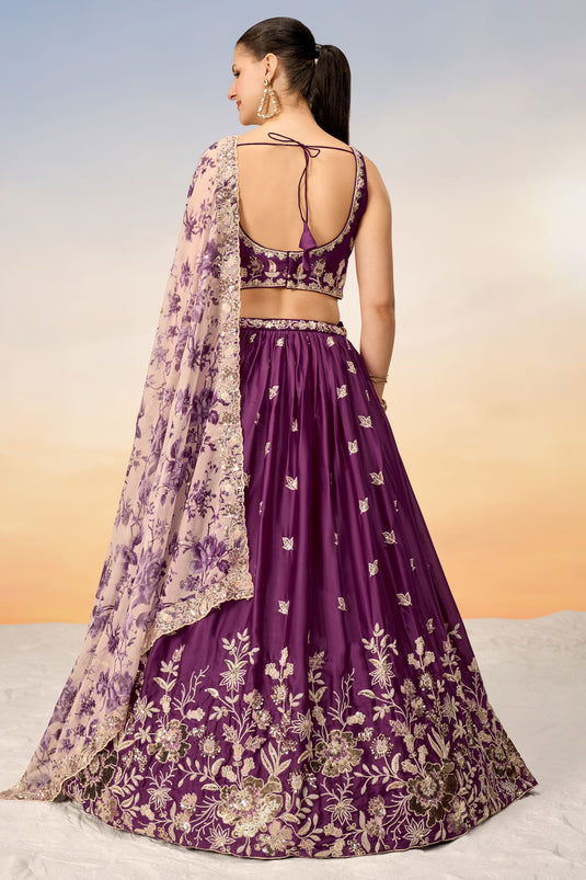 Purple Chiffon Function Wear Lehenga With Sequins Work And Enchanting Blouse