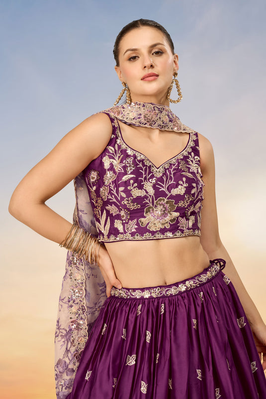 Purple Chiffon Function Wear Lehenga With Sequins Work And Enchanting Blouse