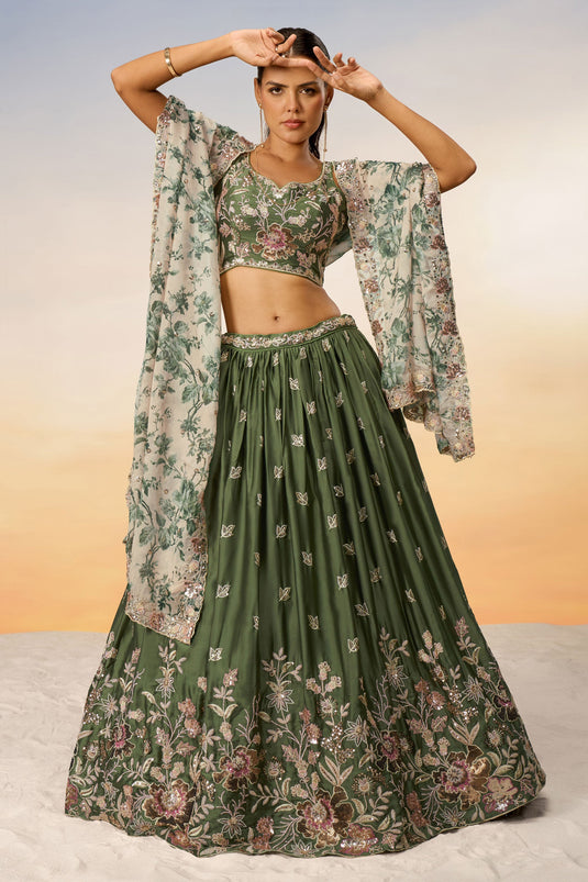 Chiffon Fabric Occasion Wear Sequins Work Lehenga In Green With Blouse