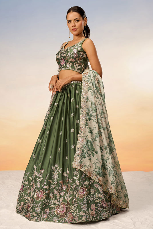 Chiffon Fabric Occasion Wear Sequins Work Lehenga In Green With Blouse