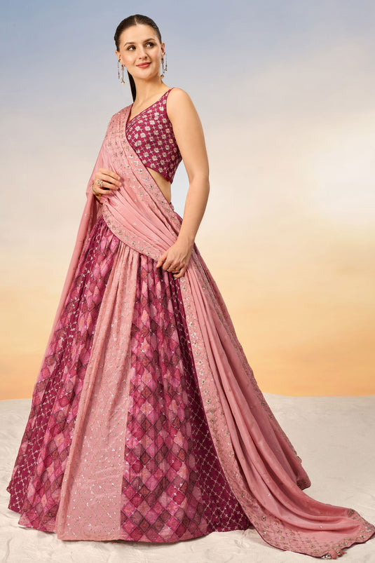 Chiffon Sangeet Wear Lehenga Choli In Pink With Sequins Work