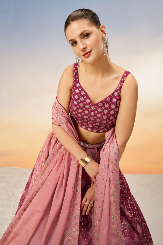 Chiffon Sangeet Wear Lehenga Choli In Pink With Sequins Work