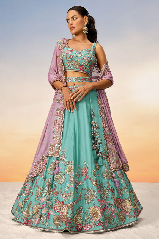 Engaging Cyan Color Georgette Fabric Sequins Work Wedding Wear Lehenga Choli