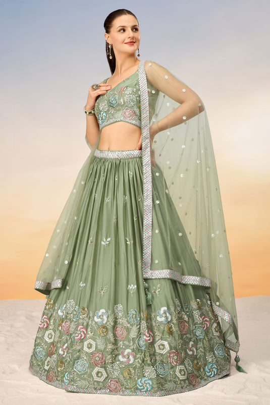 Sea Green Georgette Occasion Wear Lehenga Choli With Sequins Work